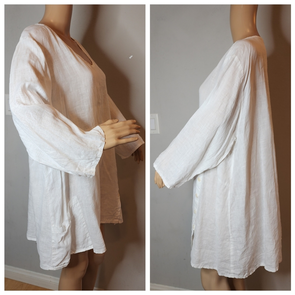 Flax White Linen tunic long sleeve top. Pocket. Button side. Size large. - Picture 11 of 16